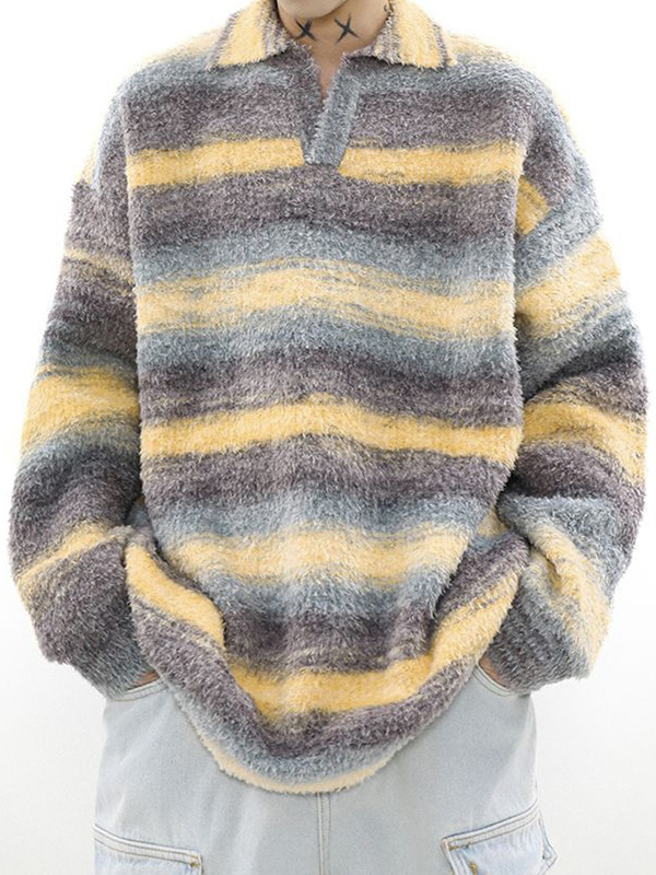 Men's Vintage Striped Lapel Neck Sweater-1