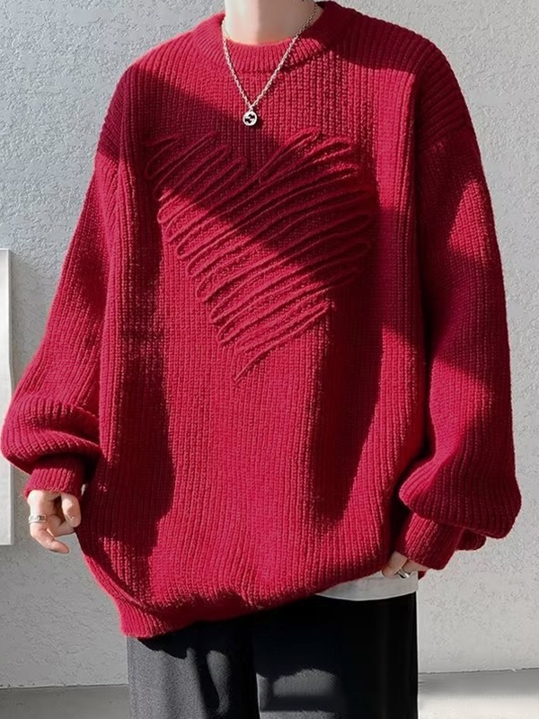 Men's Three-dimensional Heart Decor Crew Neck Sweater-1