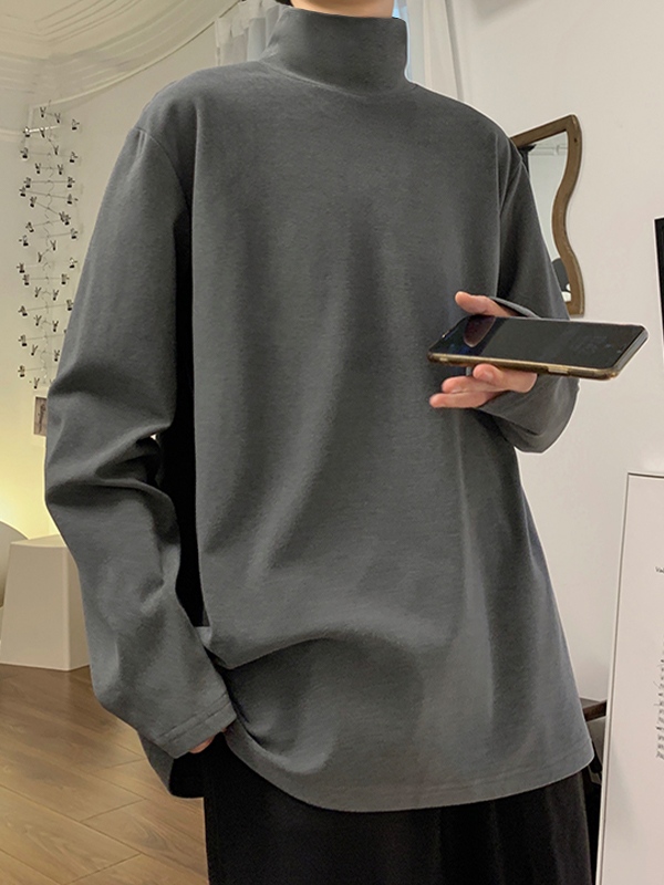 Men's Solid Mock Neck Loose Long Sleeve Tee-2
