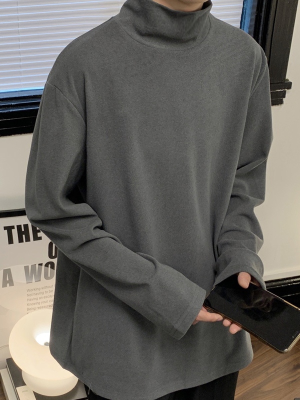 Men's Solid Mock Neck Loose Long Sleeve Tee-1