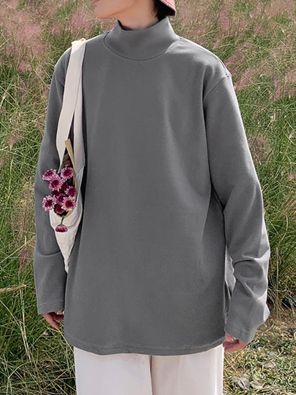 Men's Solid Mock Neck Loose Long Sleeve Tee-4