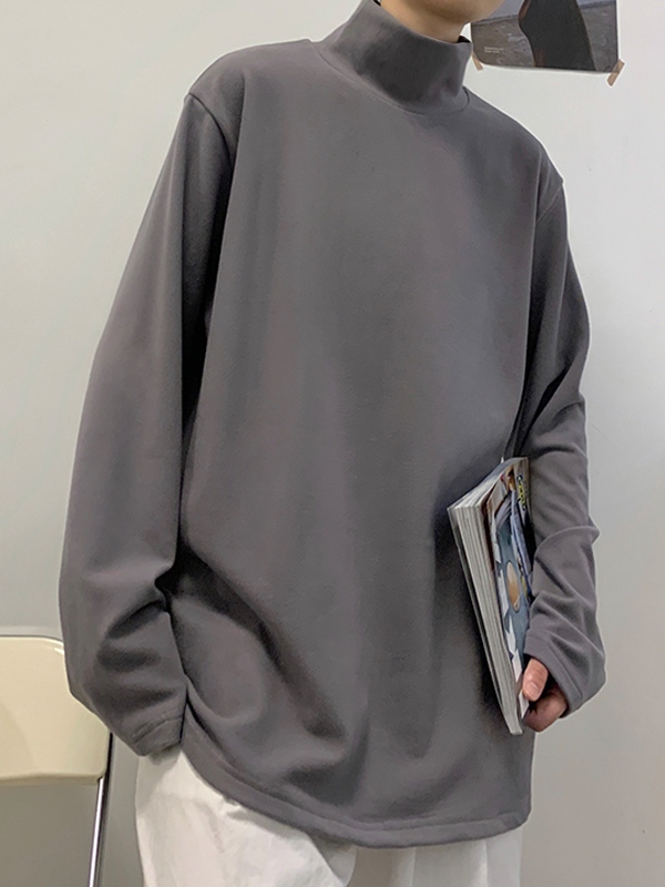 Men's Solid Mock Neck Loose Long Sleeve Tee-3