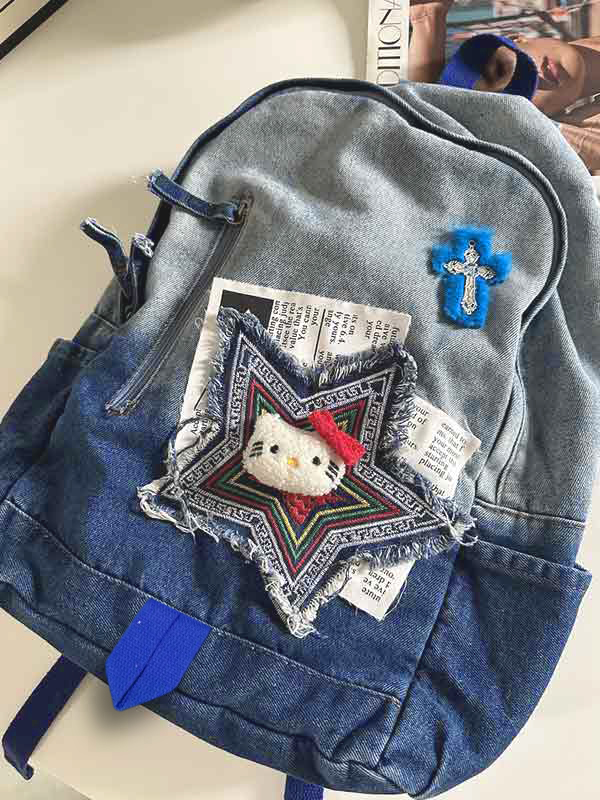 Denim Ombre Embroidery Decor Backpack-1