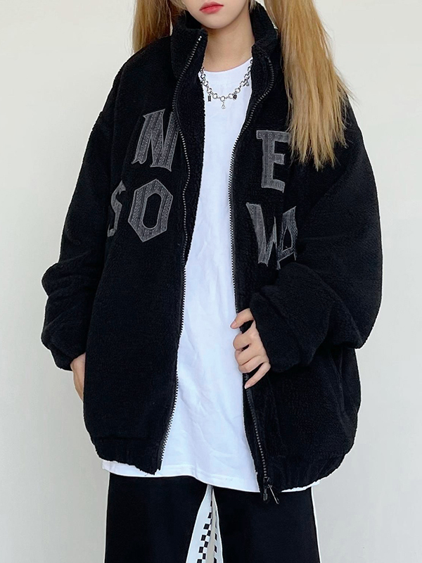Letter Embroidered Lambswool Oversized Jacket-3