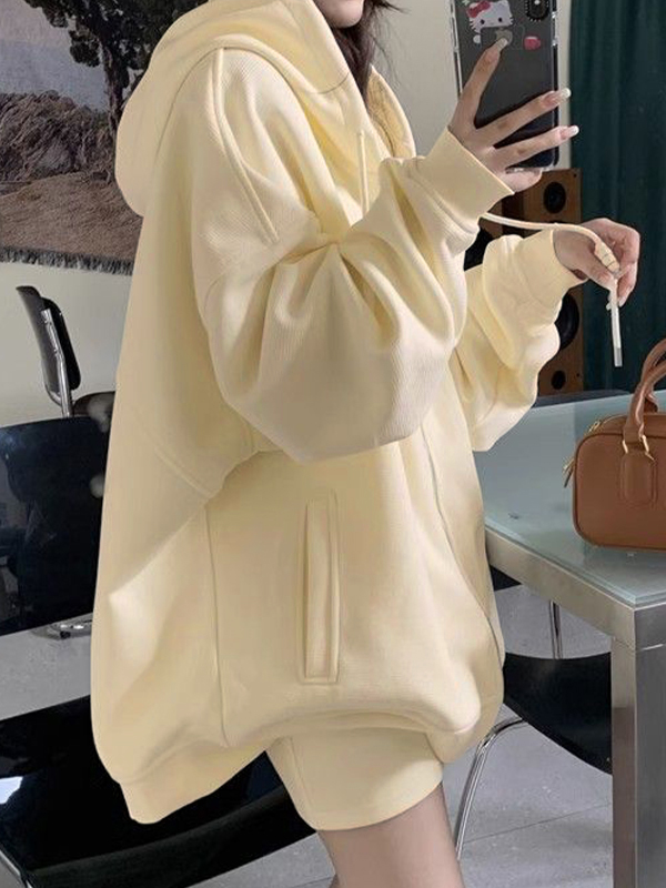 Solid Oversized Hoodie&Mini Skirt Set-3