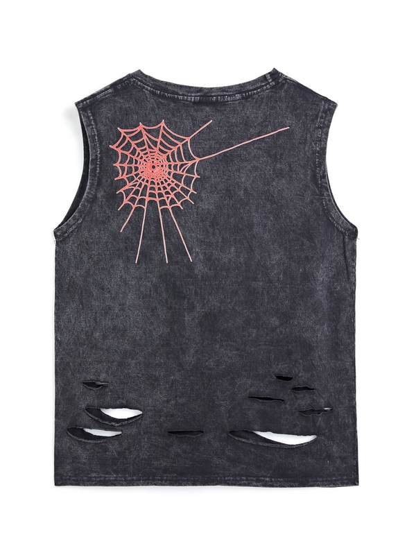 Men's Wash Distressed Spider Print Ripped Vest-4