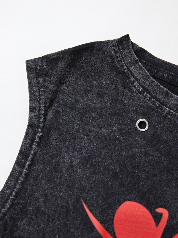 Men's Wash Distressed Spider Print Ripped Vest-5