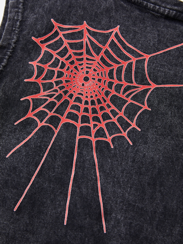 Men's Wash Distressed Spider Print Ripped Vest-8