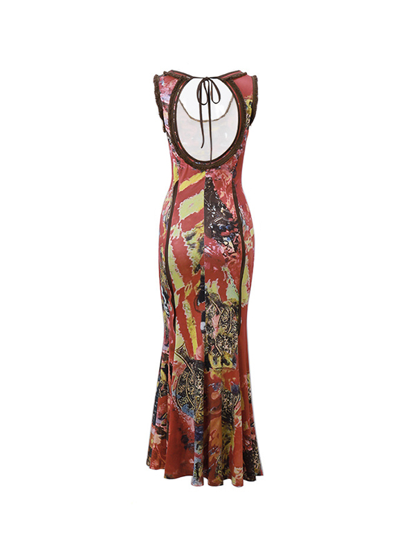 Vintage Random Print U Neck Backless Maxi Dress-6