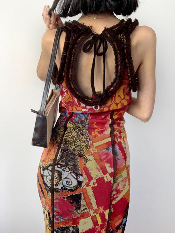 Vintage Random Print U Neck Backless Maxi Dress-2