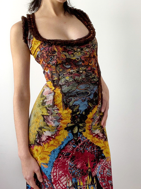 Vintage Random Print U Neck Backless Maxi Dress-4