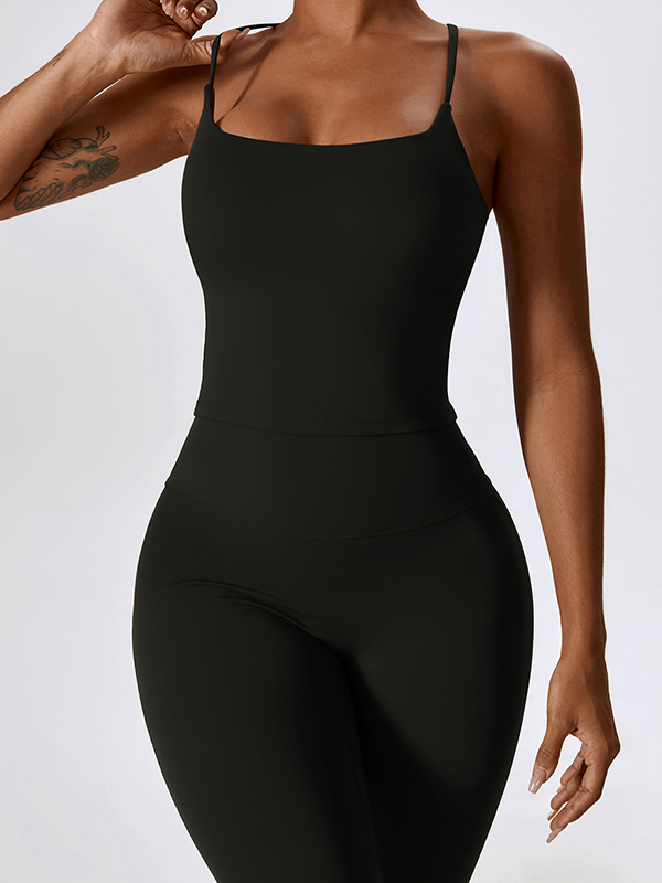 Sporty Solid Quick Dry Cami Top&Flared Pants Set-2