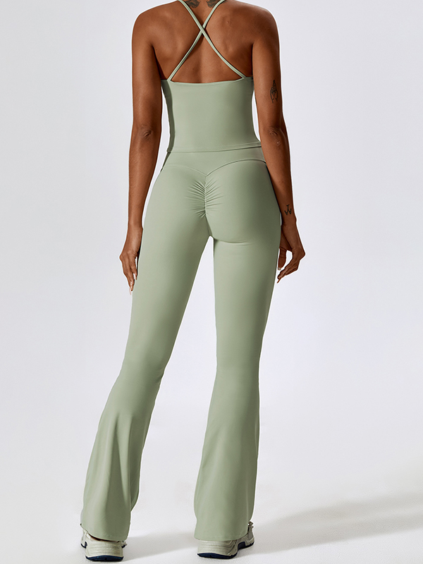 Sporty Solid Quick Dry Cami Top&Flared Pants Set-3