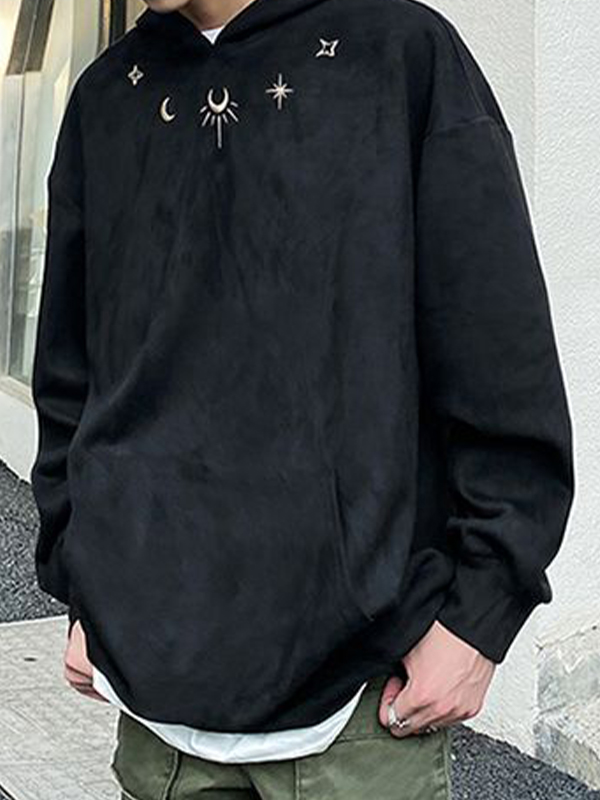 Men's Suede Moon Star Embroidery Oversized Hoodie-3