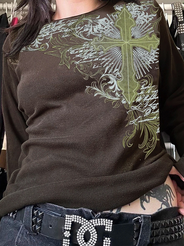 Vintage Cross Print Long Sleeve Tee-1