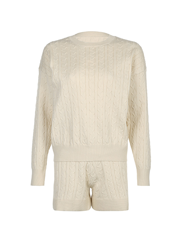 Solid Crew Neck Cable Knit Sweater&High Rise Knit Shorts Set-4