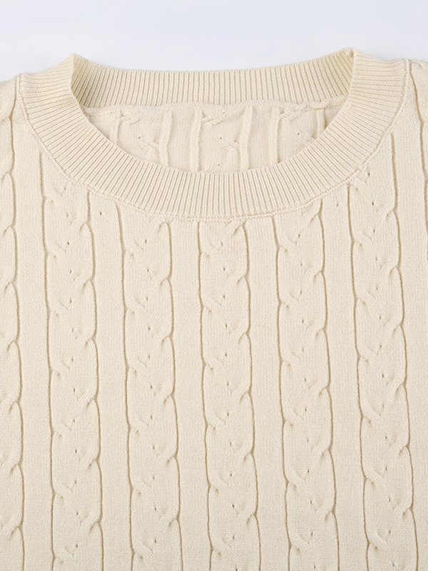 Solid Crew Neck Cable Knit Sweater&High Rise Knit Shorts Set-5