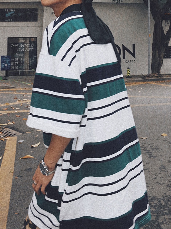 Men's Contrast Striped Embroidery Short Sleeve Tee-2