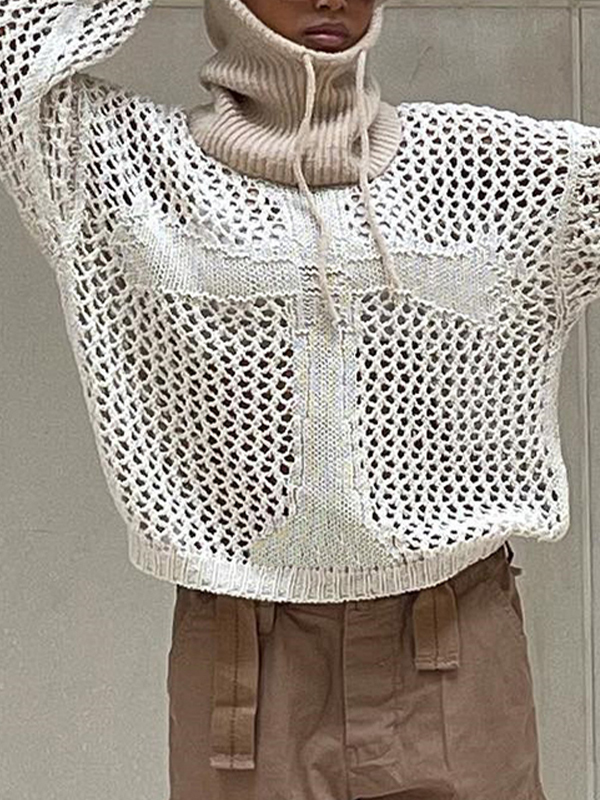 Cross Pattern Crochet Hollow Long Sleeve Knit Top-2