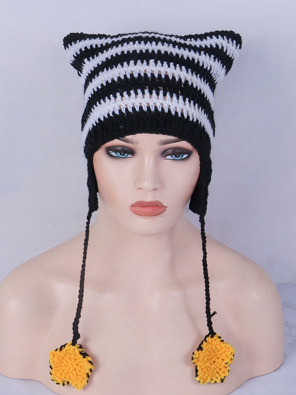 Hand Made Cat Ear Stripes Knitted Hat-2