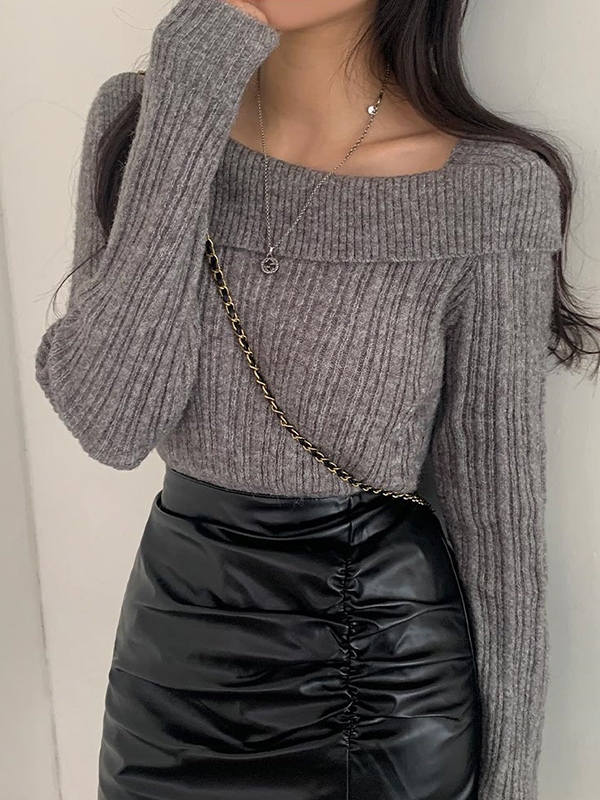 Solid Lapel Neck Slim Knit Sweater-2