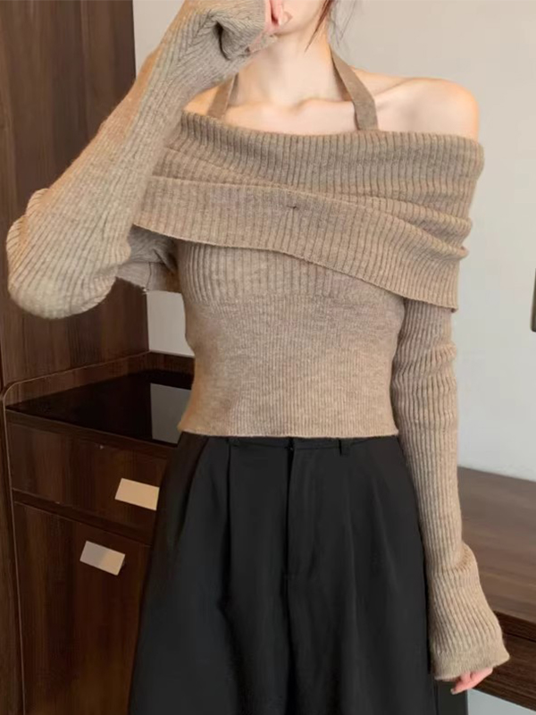 Solid Halter Ruched Cold Shoulder Sweater-5