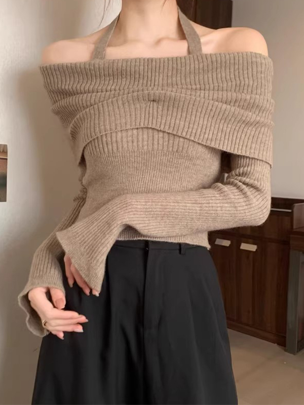 Solid Halter Ruched Cold Shoulder Sweater-3