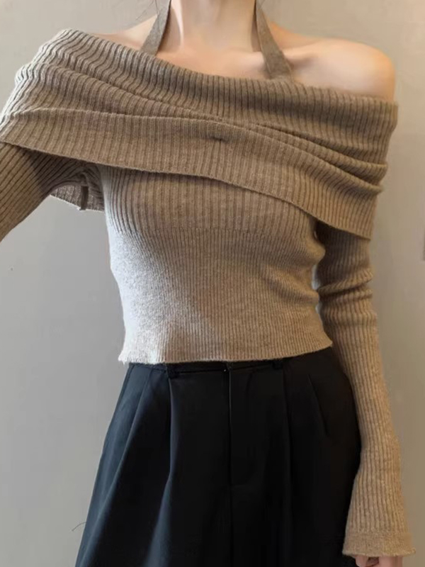 Solid Halter Ruched Cold Shoulder Sweater-2